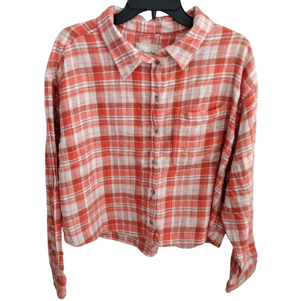 American Eagle Cropped Plaid Long Sleeve Flannel Top in Coral Women's XL